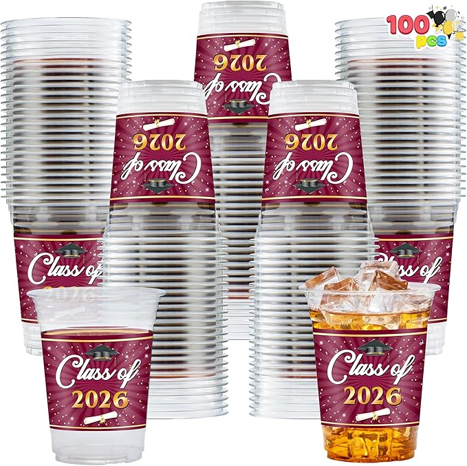 JOYIN 100 Pcs 16oz Graduation Party Plastic Cups (Maroon), Grad PET Cup Tableware Bulk for Class of 2026 Graduates, Disposable Cups for 2026 High School College Graduation School Grad Party Supplies