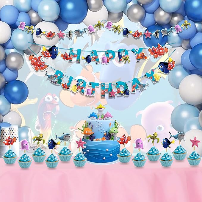 "Findng Nmo Theme Birthday Party Supplies – Under the Sea Decorations for Boys Girls – Includes Birthday Banner, Cake Topper, Cupcake Toppers, Garland & Ocean Party Décor Set"