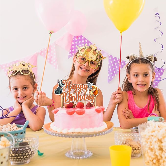 "Lady and the Trmp Happy Birthday Cake Topper – Inspired Theme Party Decoration for Girls and Adults – Glitter Cake Topper for Birthday Cake & Dog Theme Party Supplies, Cartoon Character Party Décor"