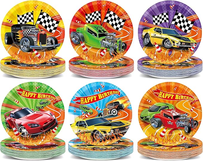 60Pcs Hot Car Birthday Party Supplies Colorful Racing Cars Plates Race Car Tableware Party Decorations for Kids Boys Baby Shower Hot Car Wild Racer Dinnerware Favors for 60 Guest