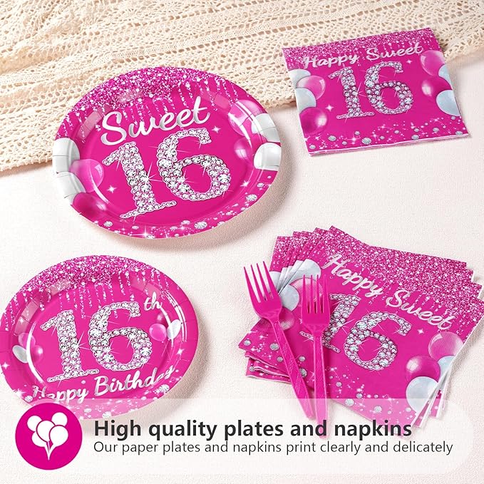 96Pcs 16th Birthday Party Supplies 350 GSM Hot Pink Sweet 16 Plates and Napkins Tableware Sets Sixteenth Birthday Decorations for Girls Happy 16 Years Old Party Favors, Serves 24