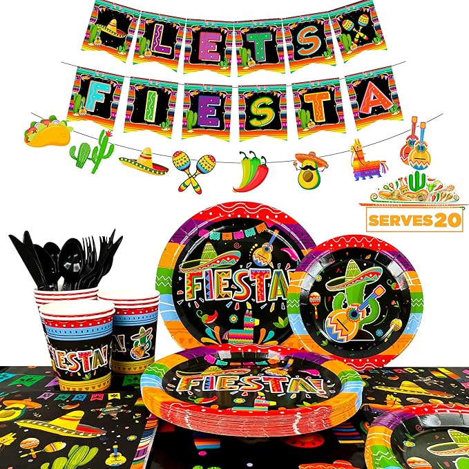 Mexican Themed Fiesta Party Supplies,161pcs Mexican Party Paper Tableware Set Includes Mexican Fiesta Plates Cups Napkins Tablecloth and Banner etc Fiesta Party Decorations Tableware, for 20 Guests