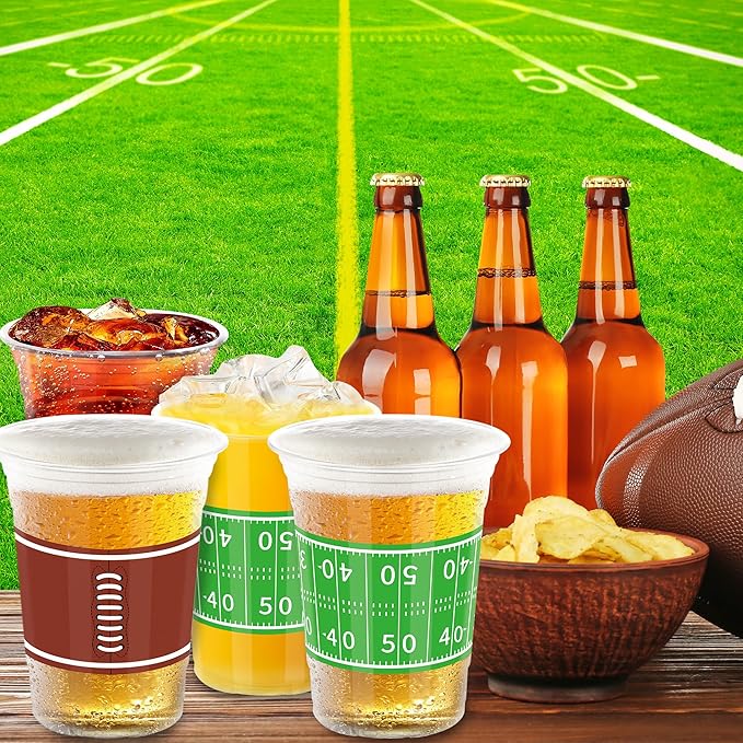 50 PCS Football Cups, 16 OZ Football Party Cups, Thickened Football Plastic Cups, Disposable Clear Drinking Cups in 2 Designs for Football Party Supplies Football Party Decorations Touchdown Favors