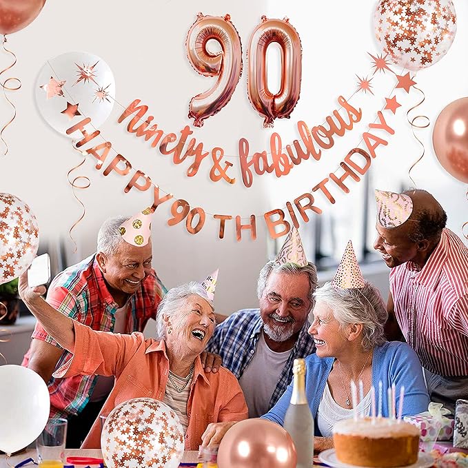 Rose Gold Ninety & Fabulous Happy 90th Birthday Banner Garland Foil Balloon 90 for Womens 90th Birthday Decorations Hanging 90 and Fabulous Cheers to 90 Years Old Birthday Party Supplies Backdrop