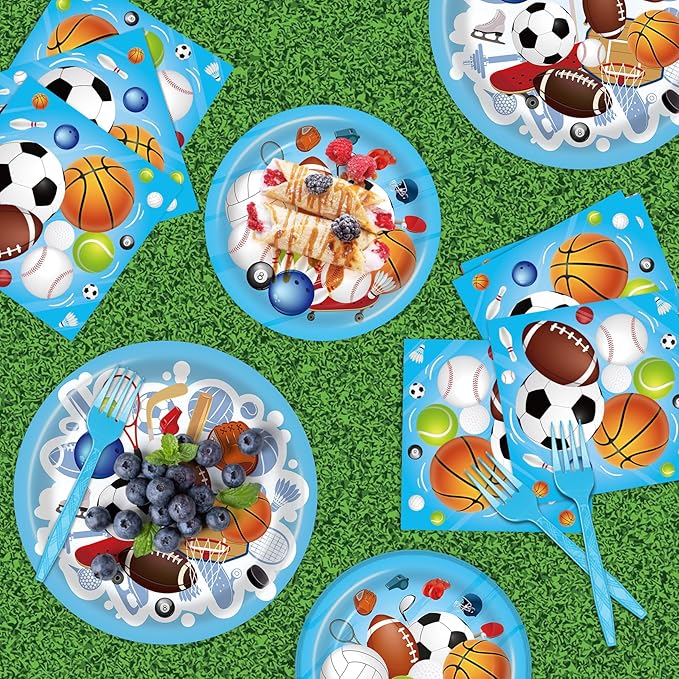 96 Pcs Sports Themed Birthday Party Supplies - Sports Party Decorations, Plates, Napkins