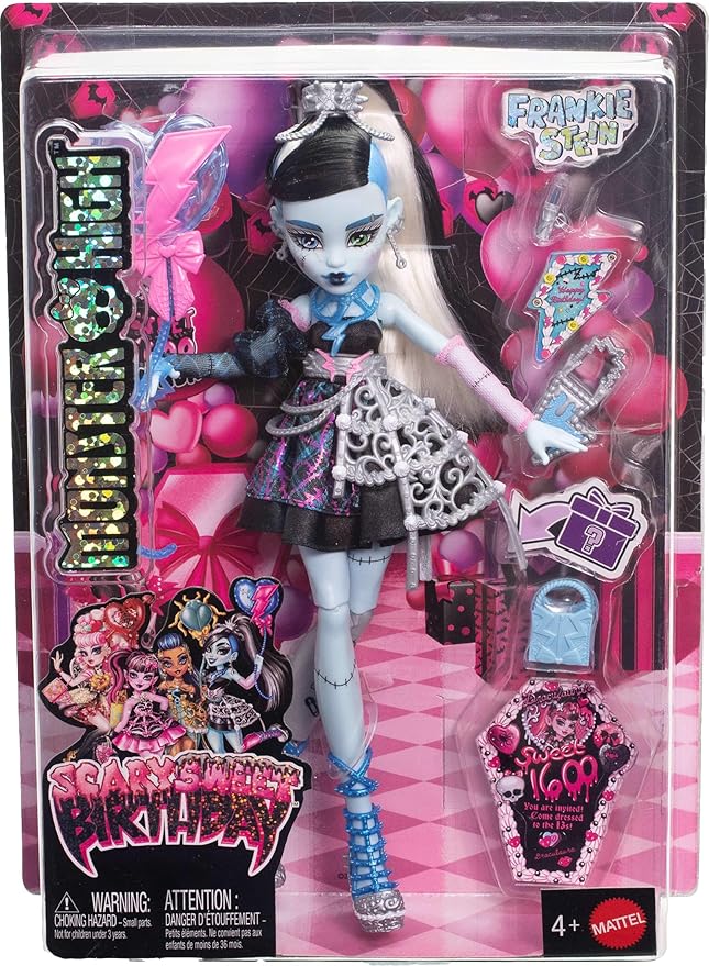 Monster High Scary Sweet Birthday Doll, Frankie Stein in Black Party Dress with Themed Accessories Like Invite, Balloon, Toy, Lipstick and More