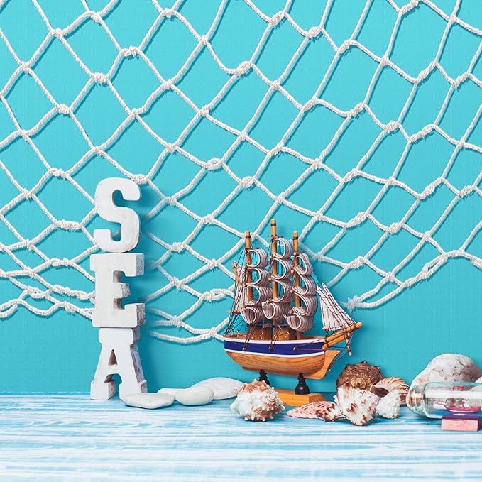 Unittype 6 Pcs Fish Net Decorative and Tablecloth Set, Cotton Fishnet and Plastic Table Cover Decorations Set for Nautical Themed Party Baby Shower Pirate Decorations Mermaid Party(Fresh Color)