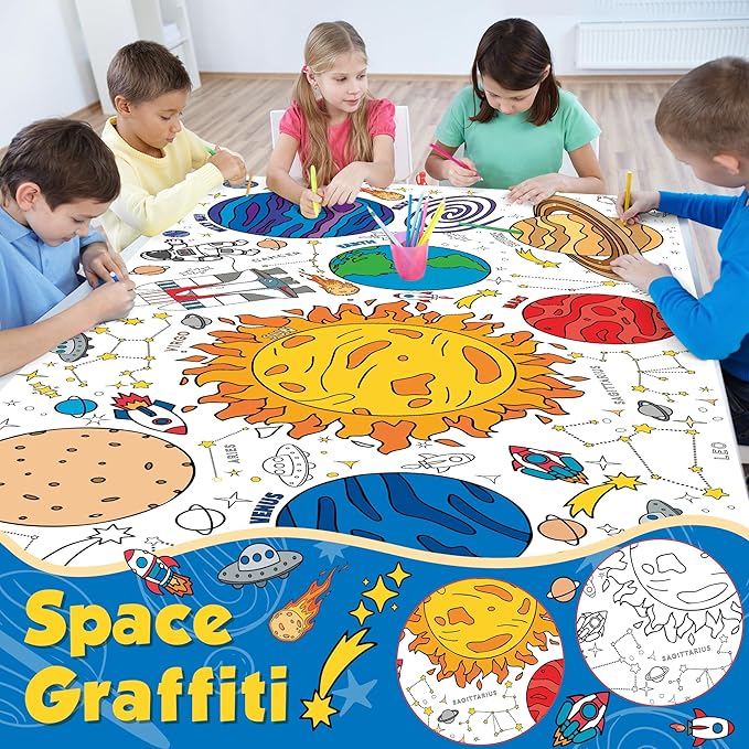 OHOME Space Giant Coloring Poster/Tablecloth - Space Themed Party Decorations - 30 x 72 Inches Jumbo Coloring Banner Kids Crafts Activities Decor Party Supplies
