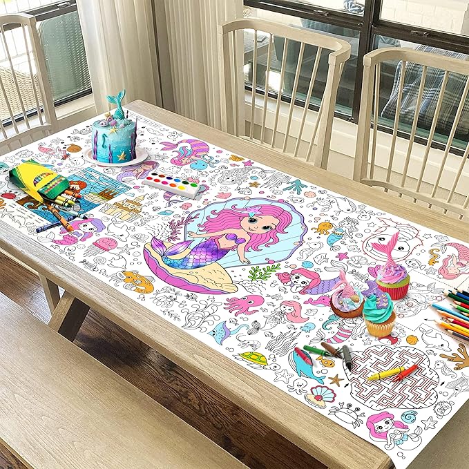 Mermaid Coloring Tablecloth for Kids, 30x72 Inch Poster with Mermaids, Seashells, Underwater Scenes, Idea for Mermaid Party Games for Girls, Sea Decorations, Classroom Fun, Event Supplies