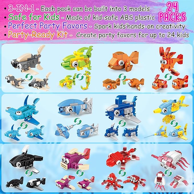 LINAYE 24 Packs Ocean Party Favors for Kids - 144 Pcs Under The Sea Party Favors with Marine Animals Building Blocks, Tattoo Stickers Sheets, Slap Bracelets Goodie Bag Stuffers for Kids