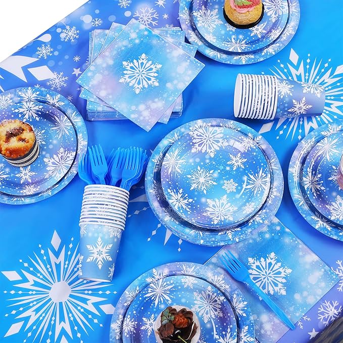 durony 145 Pieces Frozen Birthday Party Supplies Disposable Tableware Winter Snowflake Paper Plates Napkins Cups Forks Tablecloth for Christmas Winter Wonderland Frozen Party Decorations