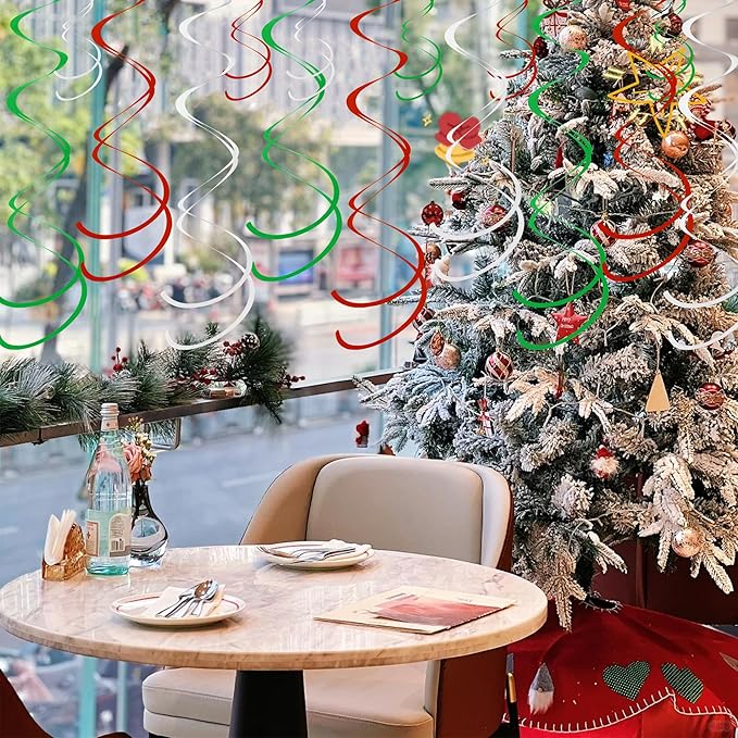 Colorful Ceiling Swirl Foil Decorations Hanging Plastic Streamer Themed Swirl Party for Graduation Celebration, Pack of 28 (Red, Green and Sliver)