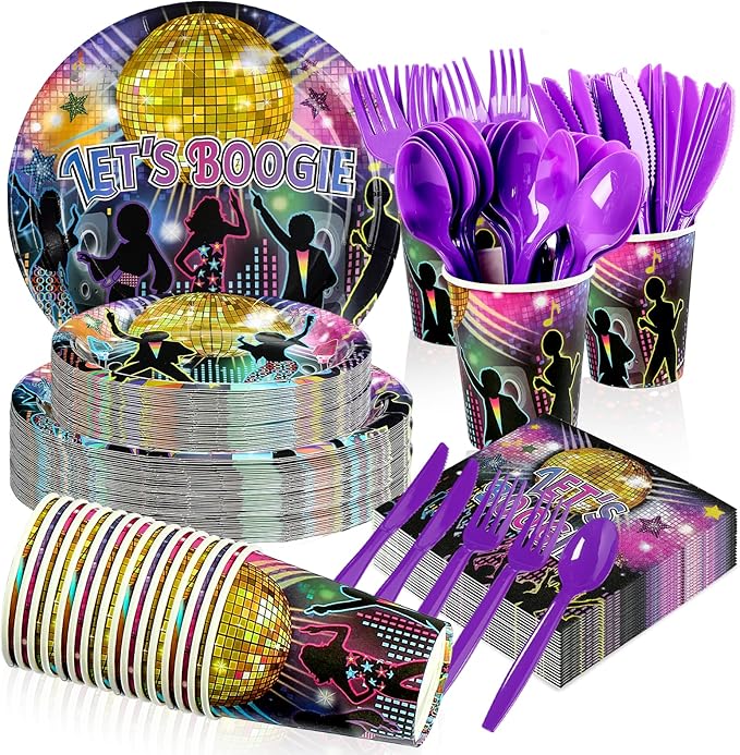 168Pcs Disco Party Decorations 70s Let's Boogie Theme Plates and Napkins Cups Forks Tableware Sets for Back to 60s 70s 80s 90s Let's Boogie Disco Dancing Night Birthday Party Supplies Serves 24 ﻿