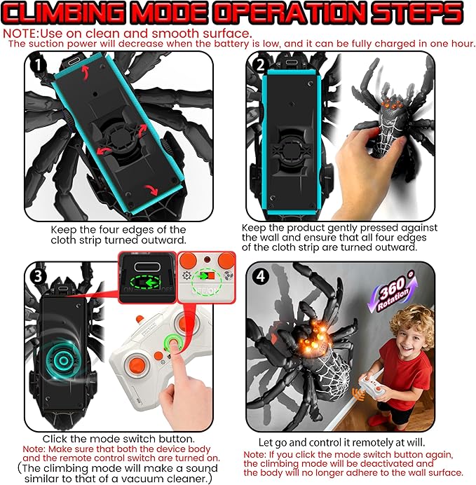 Wall Climbing Remote Control Spider Robot Toys, Climbs Walls&Ceilings|360°Stunts, 2.4GHz Remote|Gifts for Kids 3-12 Year Olds|Spider-Themed Prank Toy, STEM Educational Tech Toy for Indoor&Outdoor Play