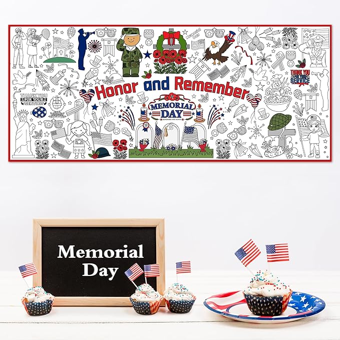 OHOME Memorial Day Giant Coloring Poster/Tablecloth - Memorial Day Decorations - 30 x 72 Inches Jumbo Coloring Banner Crafts Gifts Activities Accessories Decor Party Decorations