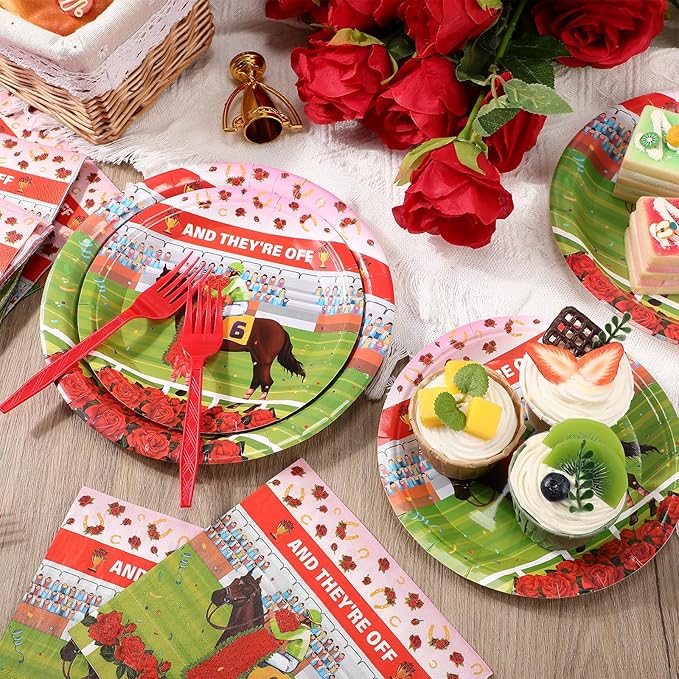 Roshtia 192 Pcs Derby Party Supplies for Horse Racing Party Decorations Derby Day Party Tableware Set Horse Theme Birthday Party Paper Plates Napkins Fork for 48 Guests (Roses)