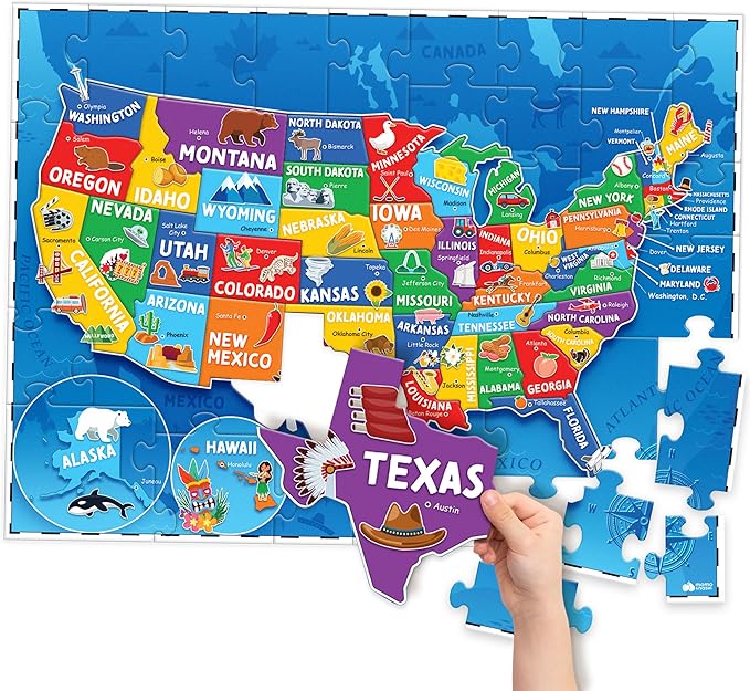 United States Puzzles for Kids Ages 4-6 - Educational Toys for Boys, Girls - 70pc USA Map Kids Puzzle - 50 States & Capitals - Floor Jigsaw Puzzles, Learning Activities, Easter Gifts for Kids