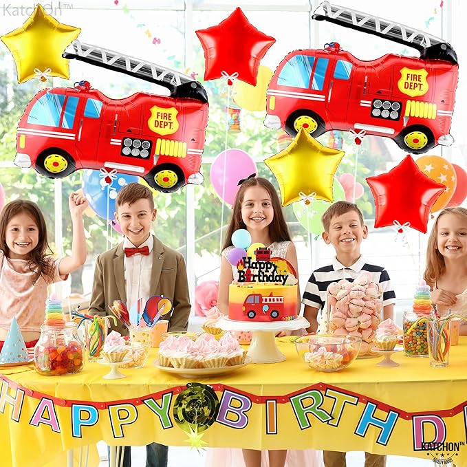 Katchon, Fire Truck Balloons for Birthday Set - Pack Of 6 | FireTruck Party Supplies | Firetruck Balloon For Birthday Decorations | Firefighter Balloons, Balloon for Fire Truck Decorations