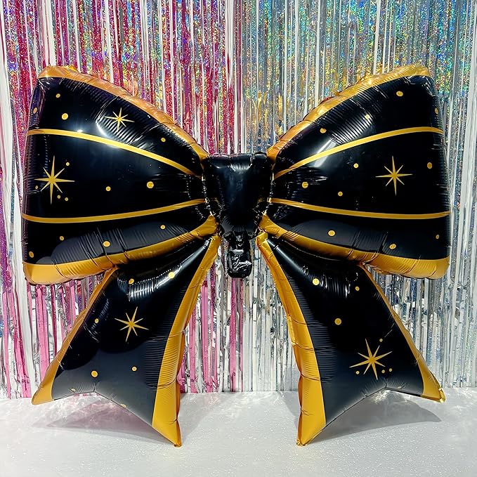 38 Inch Black Gold Foil Bow Balloon/Large Mylar Bowknot Balloon for Grand Opening Decorations/Birthday, Wedding, New Year’s Eve, Graduation Party Decorations/Luxury Oversized Decor