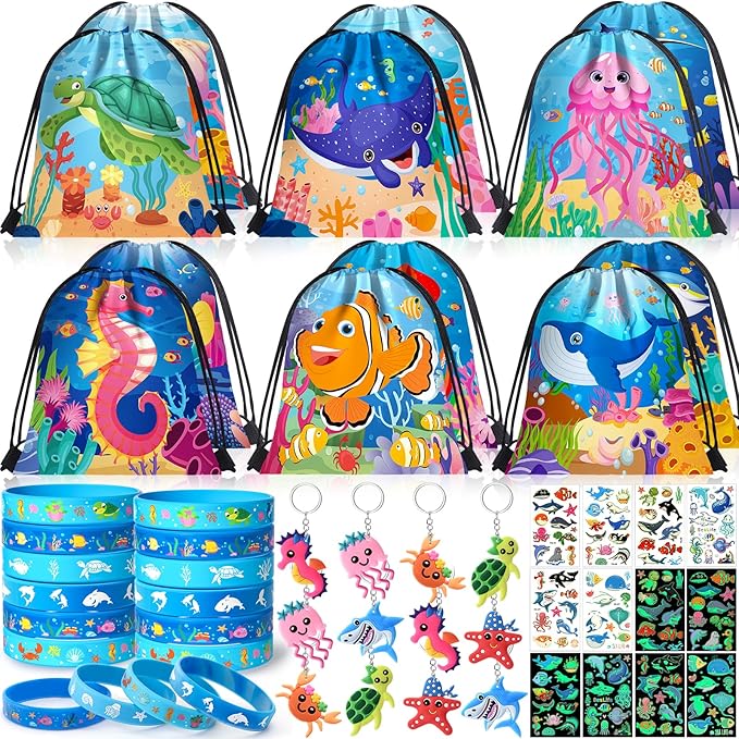 Winrayk 12 Sets Under the Sea Party Favors Birthday Supplies for Kids, Sea Animal Drawstring Bags Silicone Wristbands Luminous Stickers Keychain, Goodie Bag Stuffers Ocean Themed Party Favors Supplies