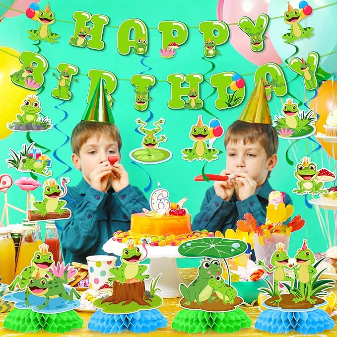 Frog Birthday Decorations Include Frog Happy Birthday Banners Hanging Swirls Honeycomb Centerpieces Princess Prince Frog Theme Party Supplies