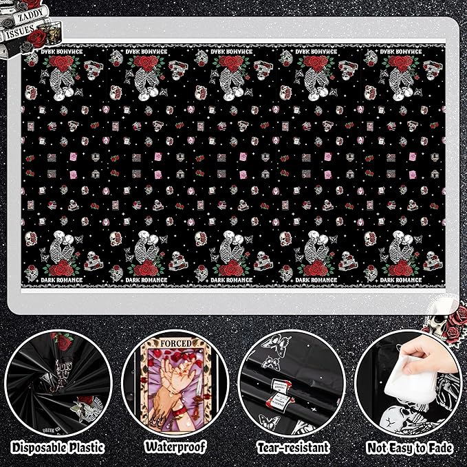 3Pcs Dark Romance Party Tablecloths - Skull Rose Gothic Party Table Cover Decoration Book Lover Theme Rectangular Plastic Disposable Table Cloth Decor for Kid Boy Girl Gothic Birthday Book Lover Event