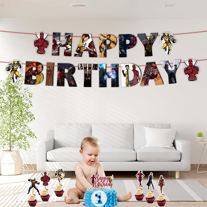 Dedpol Theme Birthday Party Supplies – Bold and Hilarious Comic-Inspired Party Decorations Set with Banner, Cupcake Toppers, Wrappers, Cake Topper – Funny Action Hero Style for Boys, Teens & Adults