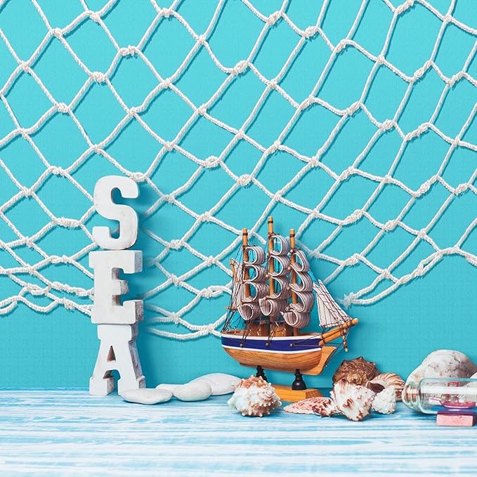 Unittype 8 Pcs Fish Net Decorative and Tablecloth Set, Cotton Fishnet and Plastic Table Cover Decorations Set for Nautical Themed Party Baby Shower Pirate Decorations Mermaid Party (Entranced)