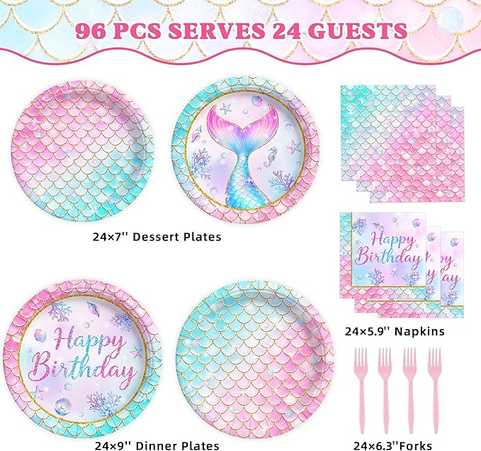 96 Pcs Mermaid Plates and Napkins Tableware Set (Serve 24), Mermaid Birthday Party Decorations, Party Supplies Include Plates Napkins Plastic Forks for Baby Shower