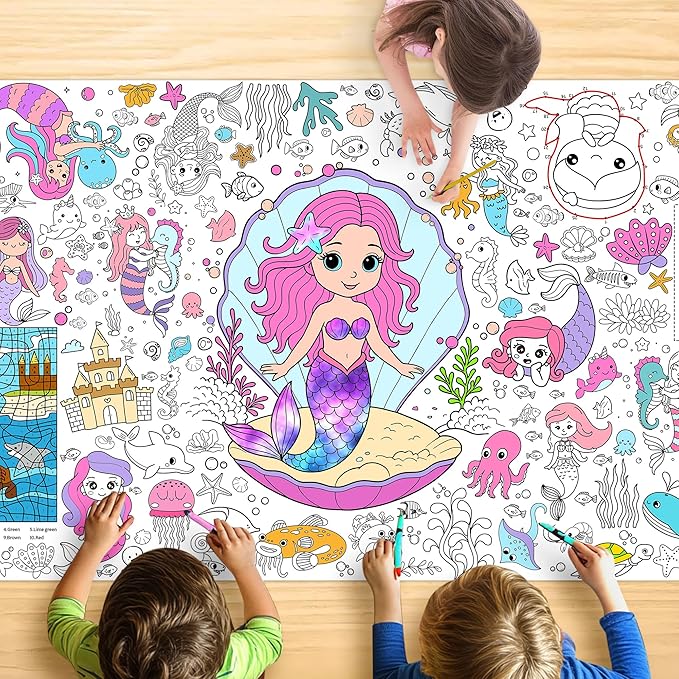 Mermaid Coloring Tablecloth for Kids, 30x72 Inch Poster with Mermaids, Seashells, Underwater Scenes, Idea for Mermaid Party Games for Girls, Sea Decorations, Classroom Fun, Event Supplies