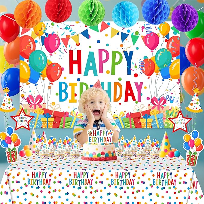 Happy Birthday Decorations For Women Men,Birthday Backdrop,Banner Balloons,Table Cloth,Paper pom poms Party Supplies for Girls Boys (Colorful)
