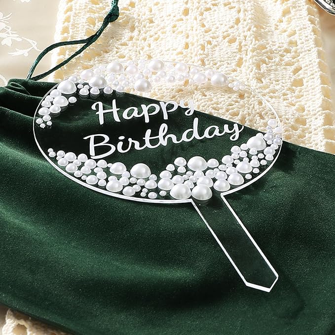 Coucoland Birthday Cake Topper - Round Acrylic Cake Decor with Elegant Pearls for Party Supplies