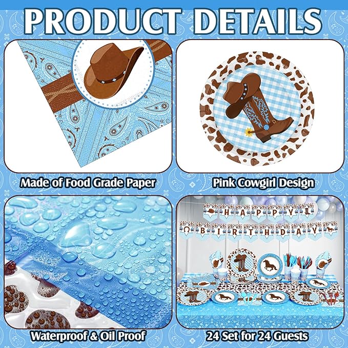 Gejoy 171 Pcs Western Cowboy Birthday Party Tableware Supplies for 24 Guests Cowboy Plates Napkins Birthday Banners Tablecloths Cups Knives Forks and Spoons for Party Decorations