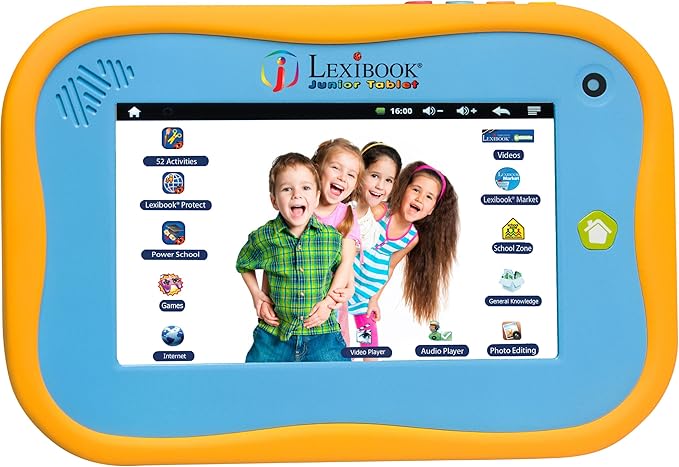 Lexibook Junior Tablet - The Entertaining & Learning Android Tablet for Kids 3-6, sturdy design, front camera, educational and fun content – Blue/yellow – MFC280EN