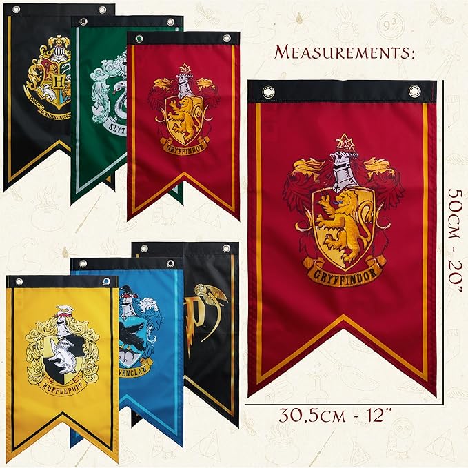 Harry Potter Gifts Banner Decorations Set of 6 Hogwarts House Flags 20x12 Inch Gryffindor, Slytherin, Ravenclaw, Hufflepuff Birthday Party Supplies (Multi Flags)