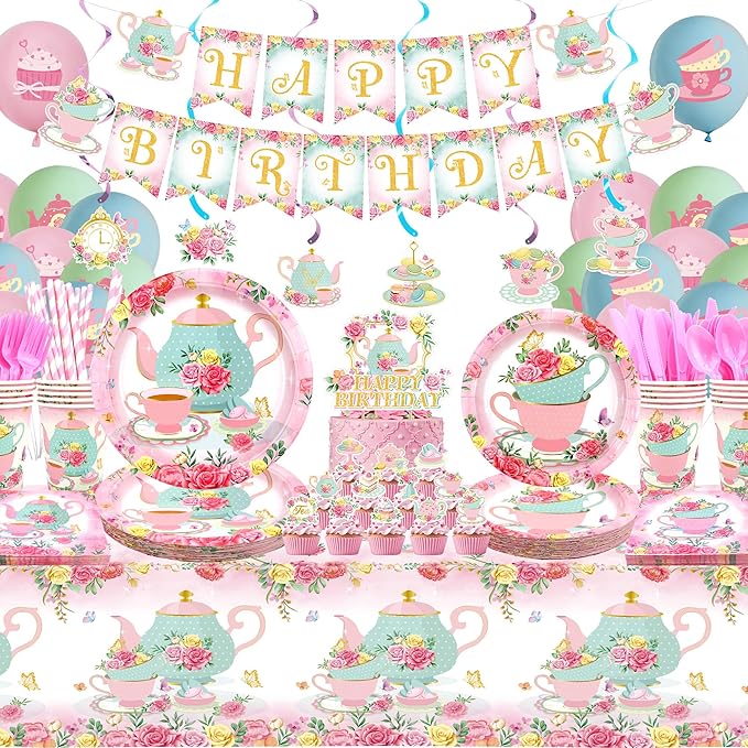 KEFAN Tea Birthday Party Decorations, Tea Theme Party Tableware Supplies including HAPPY BIRTHDAY Banner, Plates, Cups, Napkins, Tablecloth, Balloons for Girls Birthday Party, Serves 20