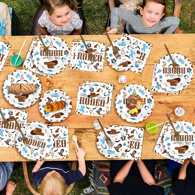 96 Pcs My First Rodeo Birthday Party Supplies Paper Plates Napkins Western Blue Cowboy 1st Rodeo Party Birthday Tableware Set Decorations Favors for Boy Baby Shower Serves 24