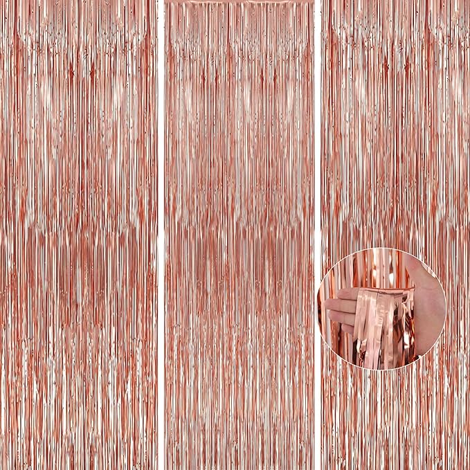 3 Pack 3.3 x 9.9 ft Rose Gold Foil Fringe Backdrop Curtain, Streamer Backdrop Curtains, Streamers Birthday Party Decorations, Tinsel Curtain for Parties, Galentines Decor, Photo Booth