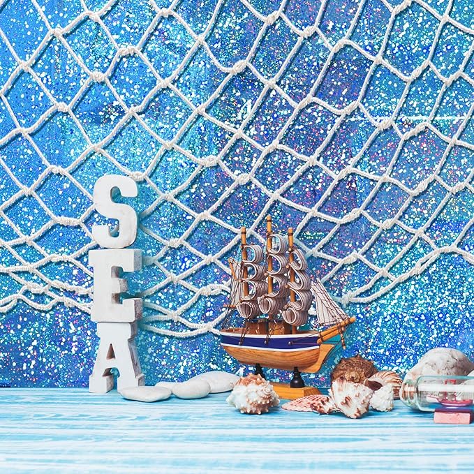 Unittype 6 Pcs Fish Net Decorative and Tablecloth Set, Cotton Fishnet and Plastic Table Cover Decorations Set for Nautical Themed Party Baby Shower Pirate Decorations Mermaid Party(Laser Shine)