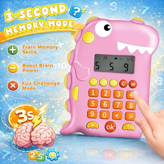 Math Games for Kids Ages 5-12, Portable Kids Calculator Toy, Addition Subtraction Multiplication Division Practice, 4 Logic Modes, 100,000 Questions, Fun Educational Math Toy, Dinosaur Toy for Kids