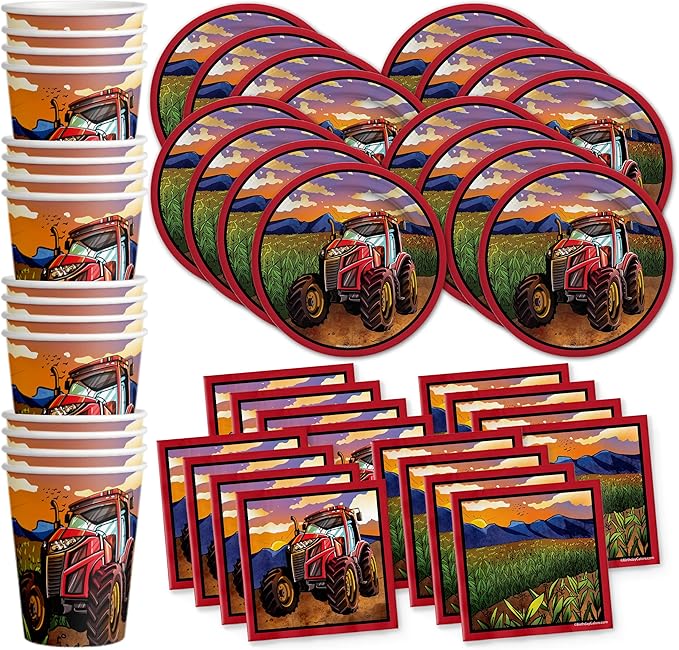 Birthday Galore Red Tractor Farm Party Supplies Set - Farm Party Supplies for Boy's Birthday - Includes Plates, Napkins and Cups - Kit for 16