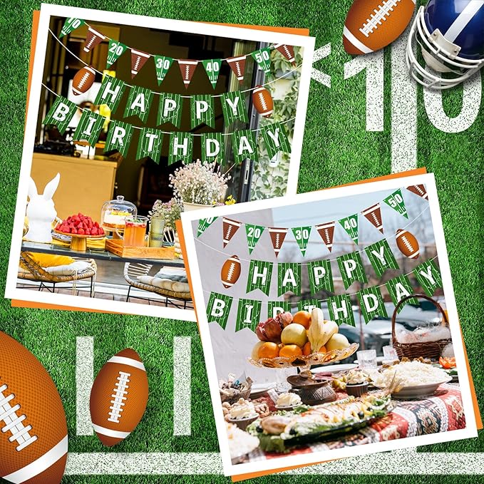 Pasimy 4 Pcs Football Birthday Party Banners Football Pennant Flag Happy Birthday Banner Circle Paper Garland Black Brown White Hanging Decorations Backdrop for Sports Bowl Party Outdoor Indoor