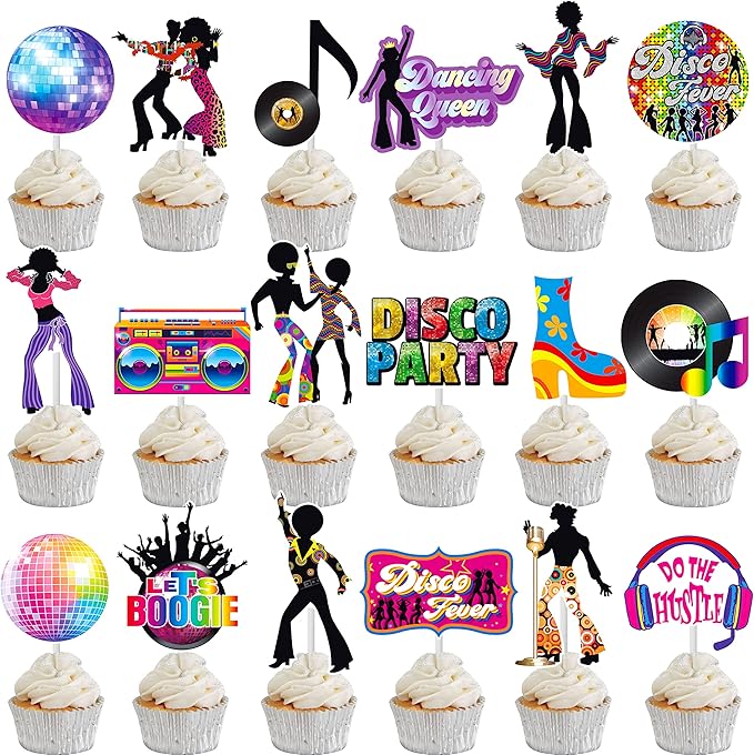 36pcs Disco Party Cupcake Toppers 70s 80s Disco Party Decoration Disco Dance Ball Cake Cupcake Picks for 1970s Saturday Night Disco Theme Birthday Party Supplies