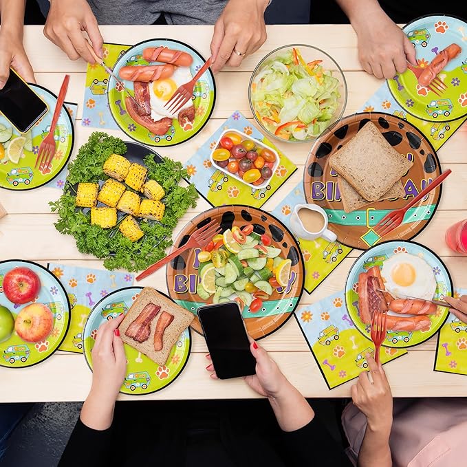 Dog Paw Birthday Party Supplies - 96PCS Cartoon Dog Birthday Party Plates Napkins Forks Disposable Tableware Set Birthday Parties Table Dinnerware Baby Shower Parties Plates Serve 24 Guests