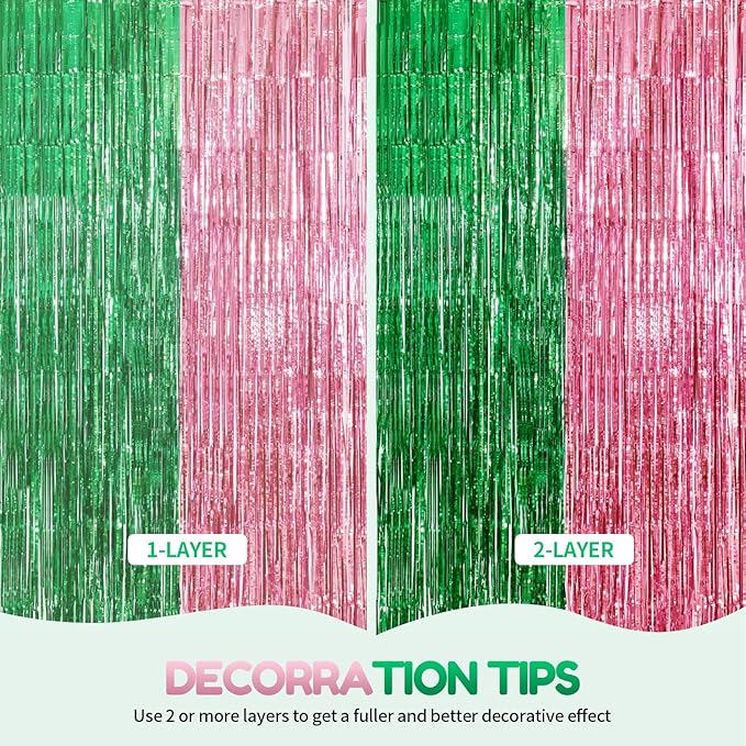 4 Pack Pink and Green Party Decorations Tinsel Foil Fringe Backdrop 3.3’x6.6’, Wicked Party & Halloween Streamer, Durable Metallic Tassel Create Photo Booth & Entrance