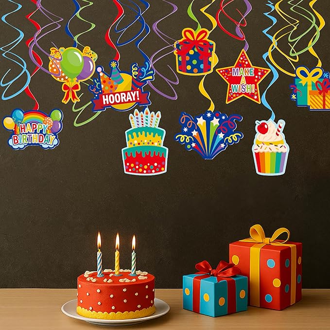 Colorful Birthday Hanging Swirl Decorations, 36ct Paper Ceiling Decor Set with Cutouts of Cakes, Gifts, Balloons & Stars, Vibrant Paper Party Supplies for Birthday Decor & Celebration Themes