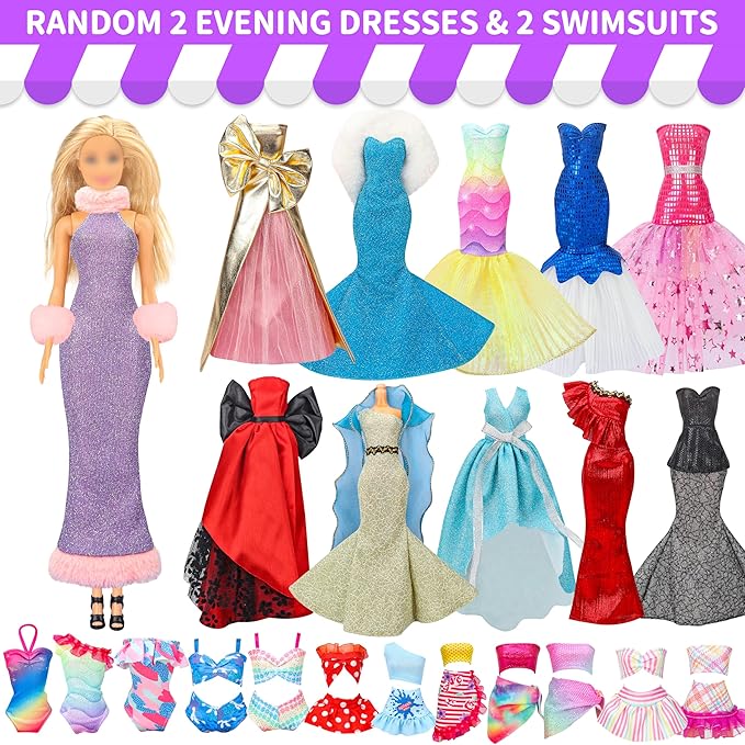 70 Pcs Doll Clothes and Accessories,4 Wedding Gowns 2 Evening Dresses 8 Fashion Dresses 6 Set Casual Outfit Top and Pant 2 Swimsuit,18 Hanger 10 Shoe 20 Accessories Toys for Girls Kid Gift