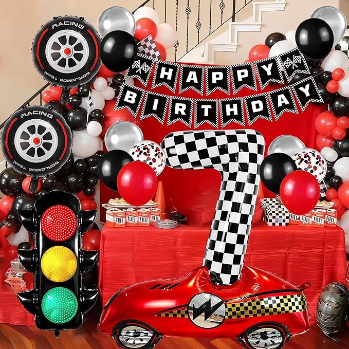 Race Car Birthday Party Decorations, with 40 Inch Number 7 Balloon, Happy Birthday Banner, Traffic Light and Foil Tire Balloon for 7th Car Themed Birthday Party Supplies