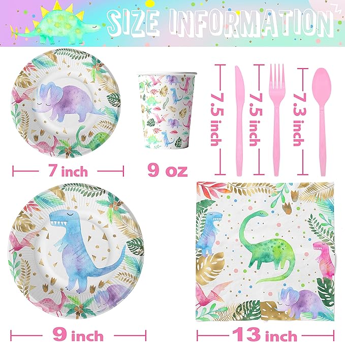 Pastel Dinosaur Party Supplies for 20 Guests, Girl Dinosaur Birthday Party Supplies Include Dinosaur Plates and Napkins Cups and Cutlery, Dinosaur Birthday Decorations Tableware Set for Girls Kids