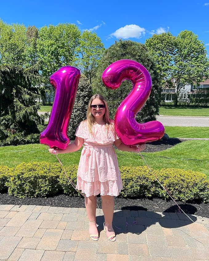 Hot Pink Number 12 Balloons 40 inch, 12 Number Balloons, 12th Birthday Decorations for Girls 12 Year Old Hot Pink Party Supplies